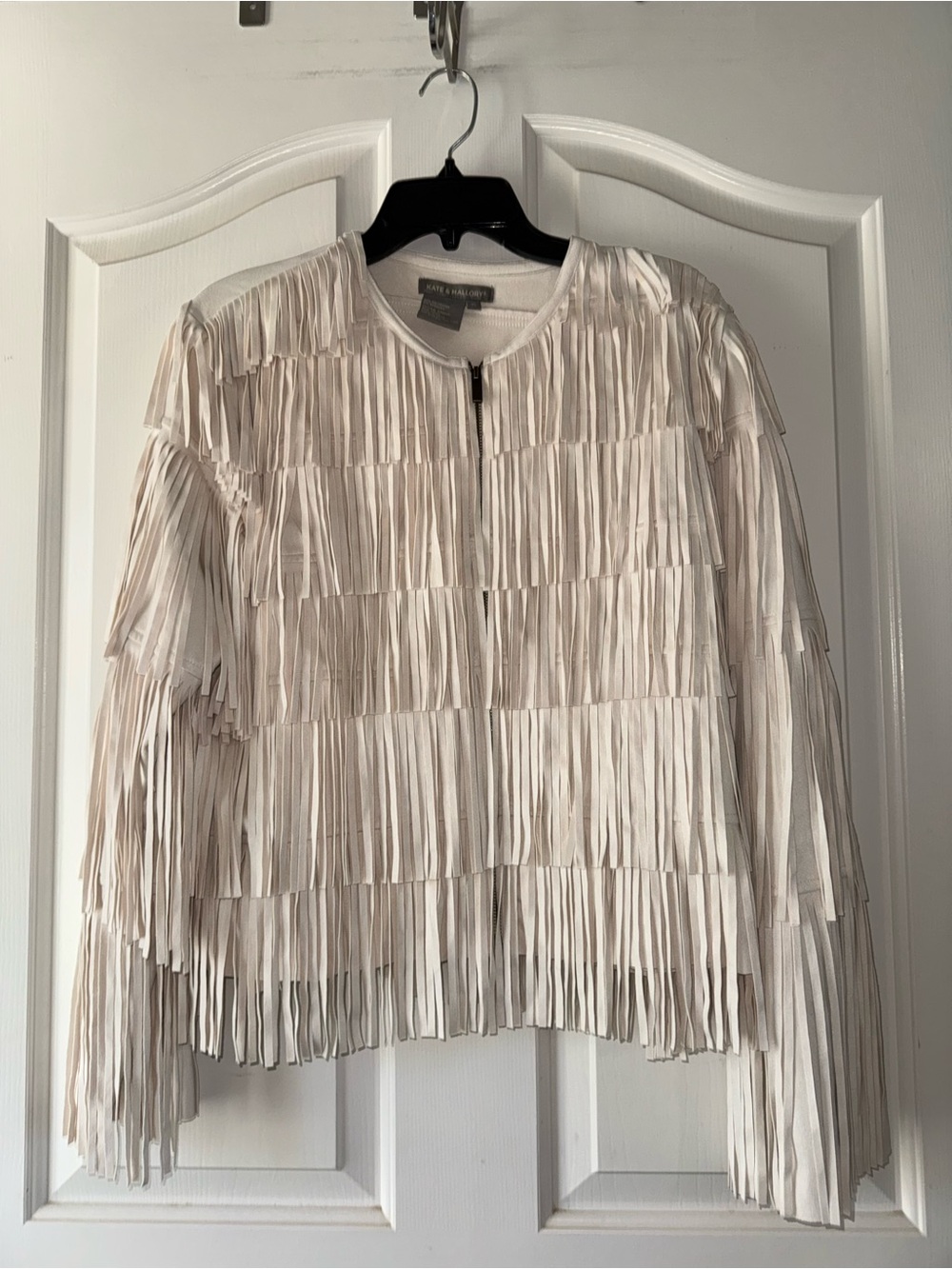 Fringed Zip up Jacket, Kate & Mallory, Off-white/Ivory, Size XL, faux suede